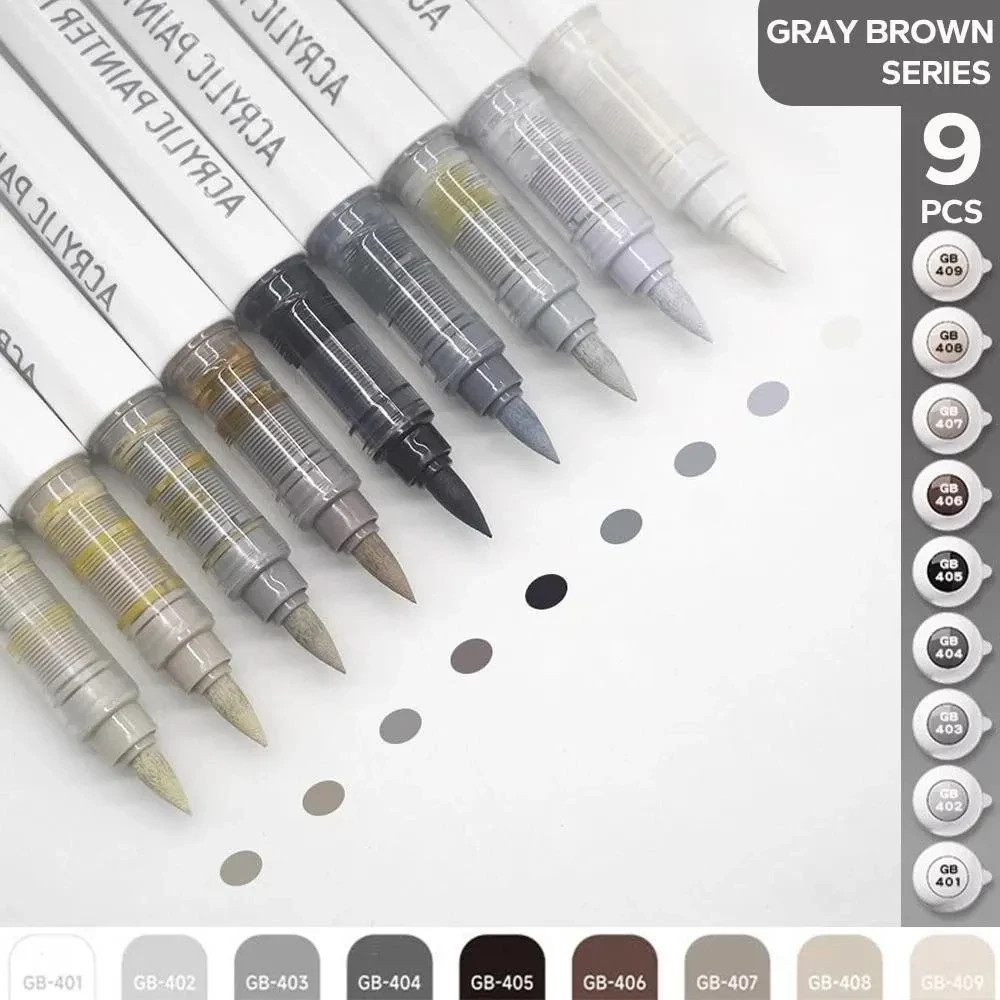 NEW 9pcs Acrylic Brush Markers Set Pro Colors with Auto Ink Control for Art DIY