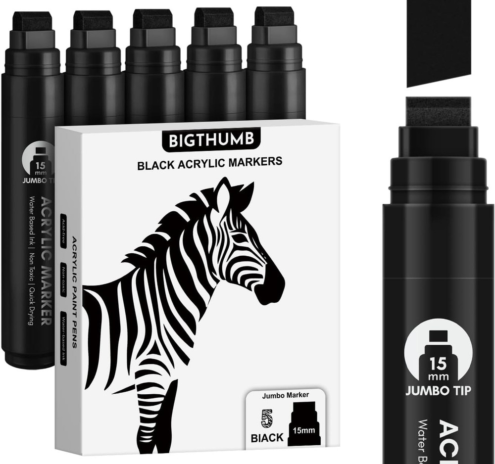 Black Poster Markers Jumbo: 5 Pcs 15Mm Wide Tip Thick Acrylic Paint Pen Large Pe