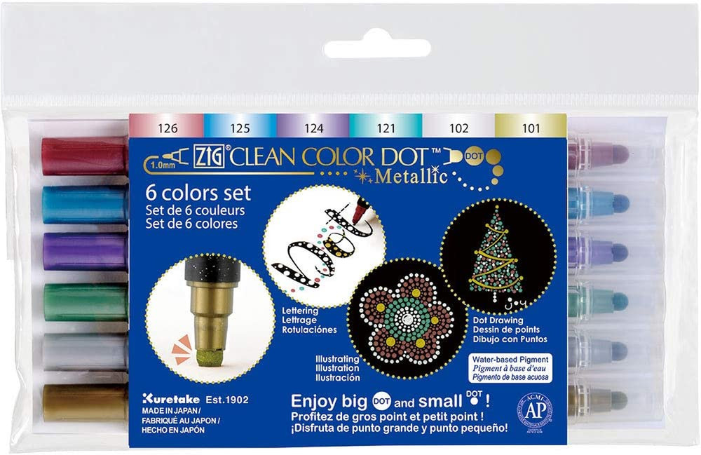 CLEAN COLOR DOT Metallic Dual Tip Markers 6 Colors Set, 0.5Mm Fine Tip and a Fle