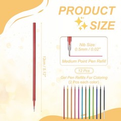 24Pack 0.5mm Gel Pen Refills for Coloring, Medium Point Pens Refills, Multicolor