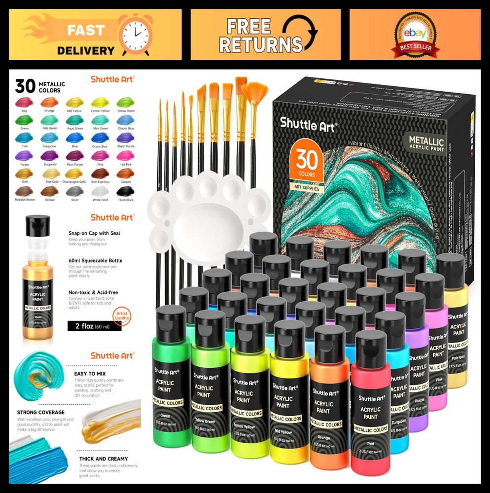 30 Colors Metallic Acrylic Paint Set – 60ml Artist Grade, Non-Toxic, Vivid Pigme