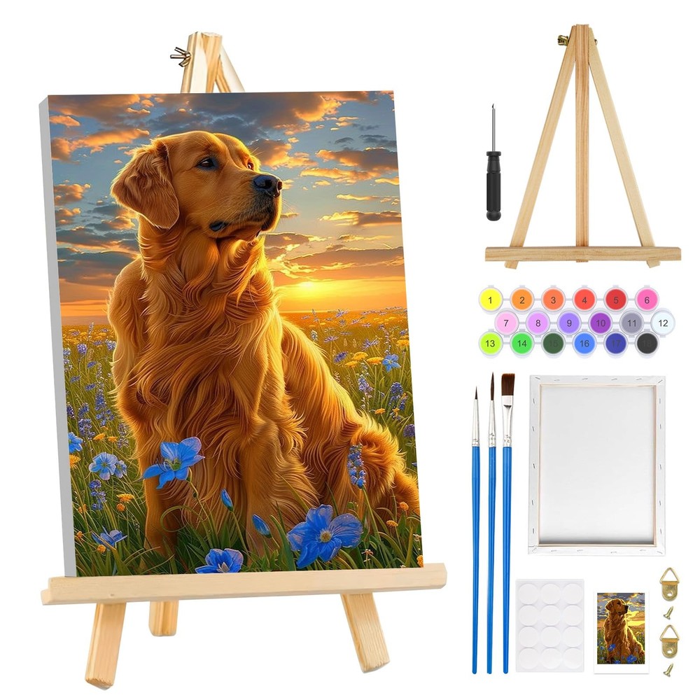 Paint by Numbers Kit for Adults with Frame, Dog Paint by Number Canvas, Flowers