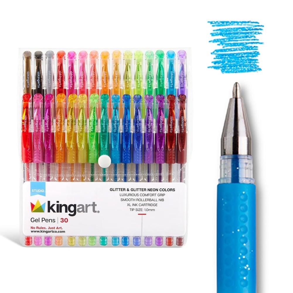 KINGART GLITTER Rollerball GEL 30 Count (Pack of 1), Assorted Glitter Colors