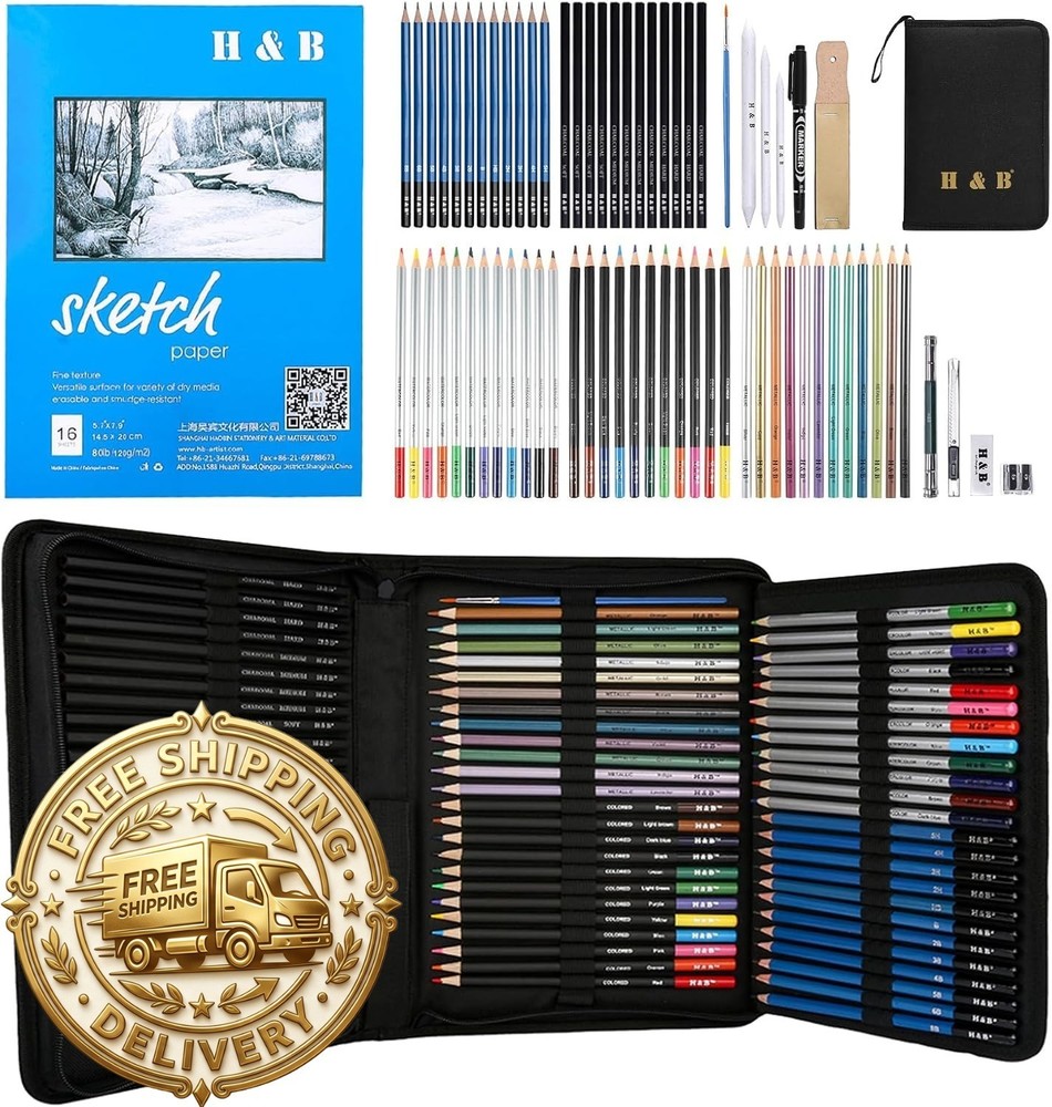 H & B 72PCS Drawing Supplies, Sketching Art Kit with A5 – Graphite, Charcoal, Wa
