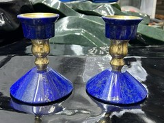Natural Lapis Lazuli Candle Holder Pair Polished Crystal Home Decor Set 800g
