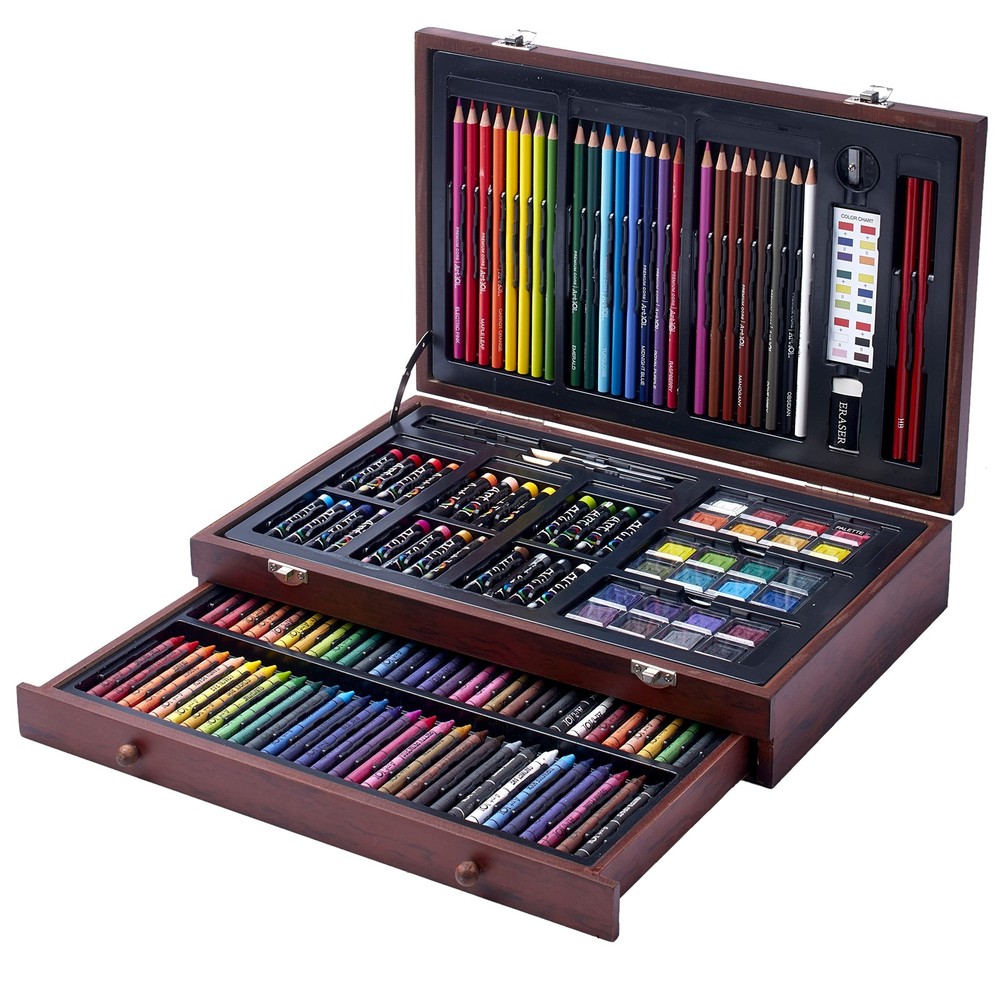142 Pc Art Set with Colored Pencils, Crayons, Pastels, Watercolors in Wood Ca…