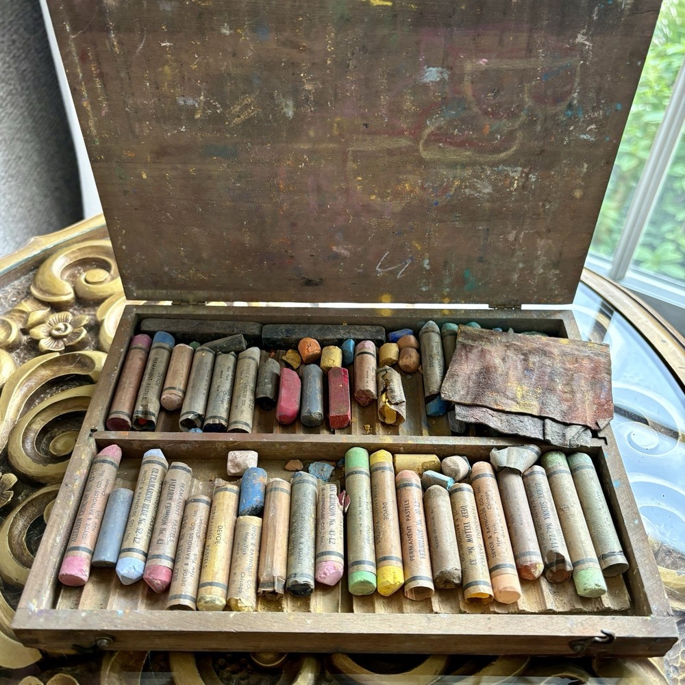 Vintage 1950s Devoe Permanent Soft Pastels Set Dovetailed Wood Box Art Supplies