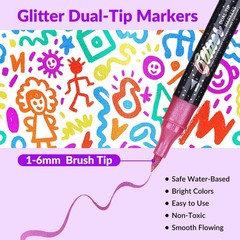Glitter Effect Brush Markers Pens,24 Colors Dual Tip Glitter Pens Set 12 Pack…