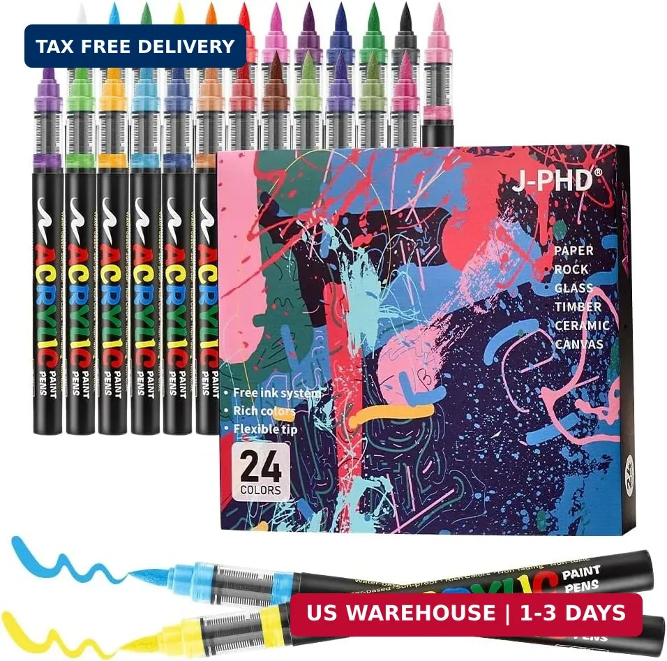 Acrylic Paint Markers | 24 Colors Brush Tip | Washable Coloring Marker | Drawing