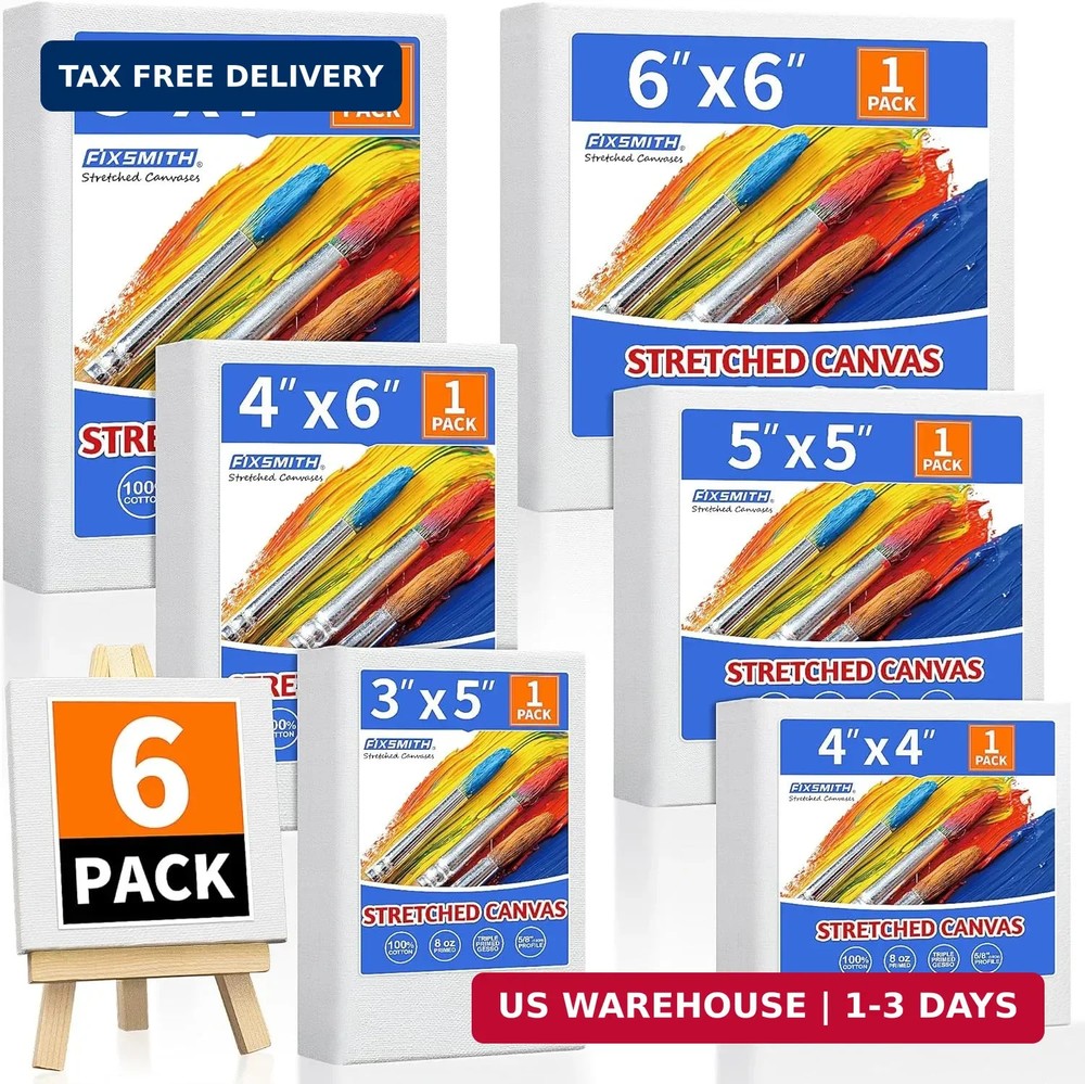 Stretched Canvas for Painting Pack of 6 Pre-Primed Wood Framed Blank White Canva