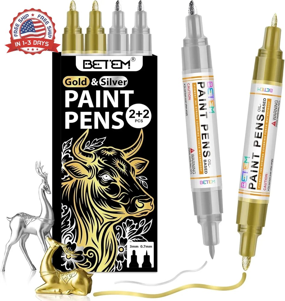 Betem Oil Based Paint Markers, Dual Tip Paint Pens(0.7mm & 3mm), Gold Silver Per