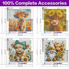 Diamond Art Kits for Adults, 4 Packs Highland Cow & Flowers Diamond Art Painti.