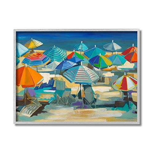 Colorful Beach Umbrella Landscape Nautical Deep Blue 20L” x 16W” Grey Framed