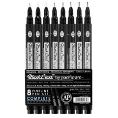 Blackliner Black Fineliner Drawing Pens Assorted Sizes Sketching 8 PCS