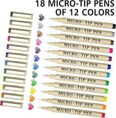 Waterproof Micro-line Pens 18 Pack 11 Colors 7 Black Ultra Fine 0.3mm-0.5mm Tips