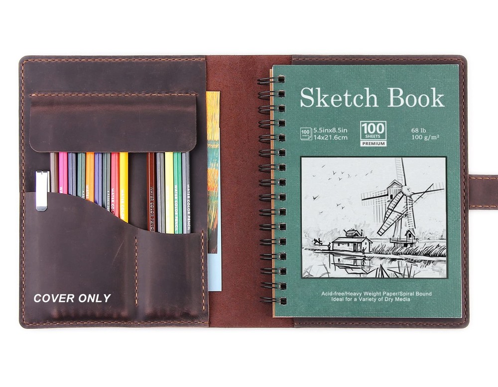 Handmade Leather Sketchbook Cover, Leather Artist Sketch Pad Cover for 5.5″ x…