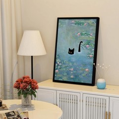 Fantasy Artists Monet Water Lilies Cat Wall Art, Framed Vintage Canvas Art Wa…