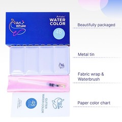 ArtWhale Watercolor Paint Set 48 Colors in Half-Pans + Waterbrush in Tin Box