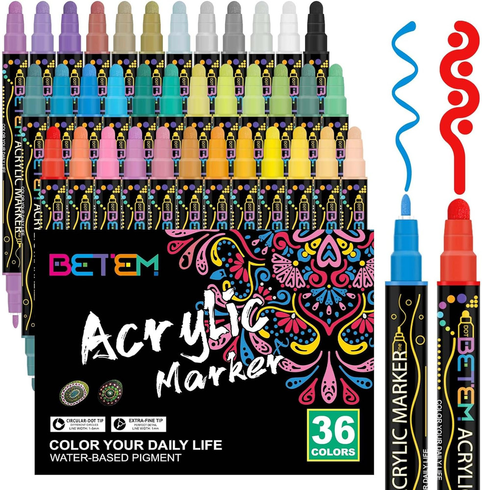 36 Colors Dual Tip Acrylic Paint Pens Markers, Premium Acrylic Paint Pens for Wo