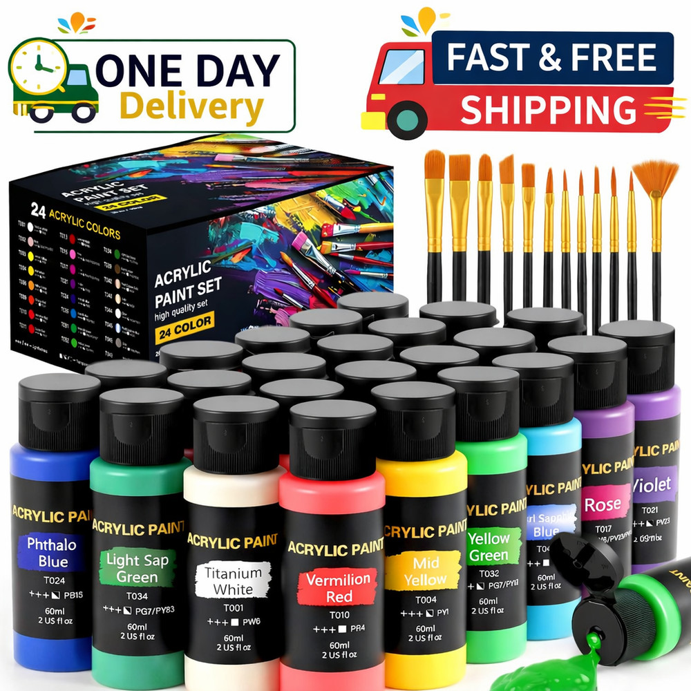 TMOL Acrylic Paint Set, 24 Colors (2 oz/Bottle) with 12 Art Brushes, Art Supplie