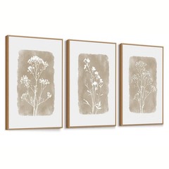 Neutral Floral Framed Canvas Wall Art Set of 3, 16″x24″ Large Boho Botanical …