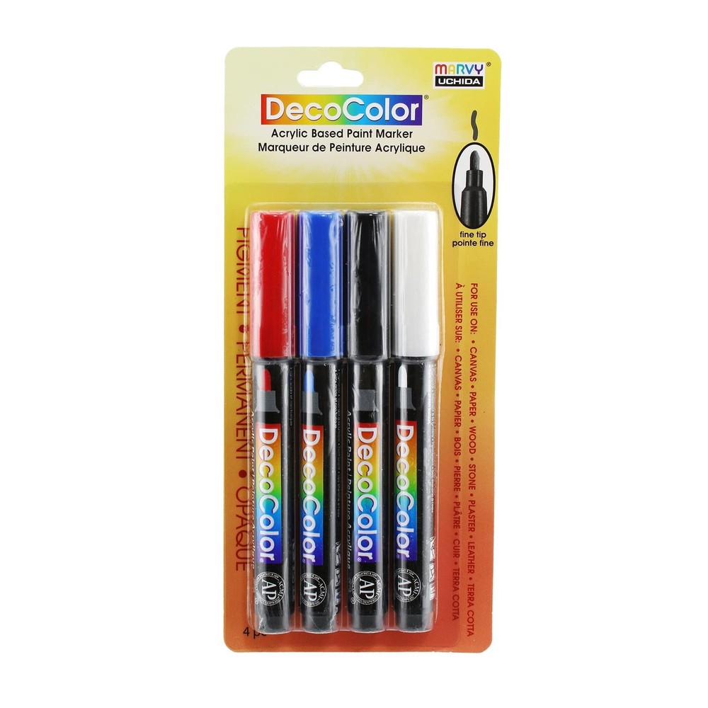 DecoColor Fine Tip Paint Marker Set Blue Red Black White 4 PCS Arts Crafts
