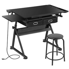 Adjustable Drafting Table Tilting Drawing Desk w/Charging Station & Stool Black