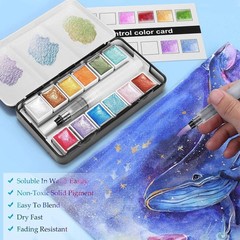 12 Color Metallic Glitter Watercolor Paints Set 2 Brushes 2 Color Cards Bag