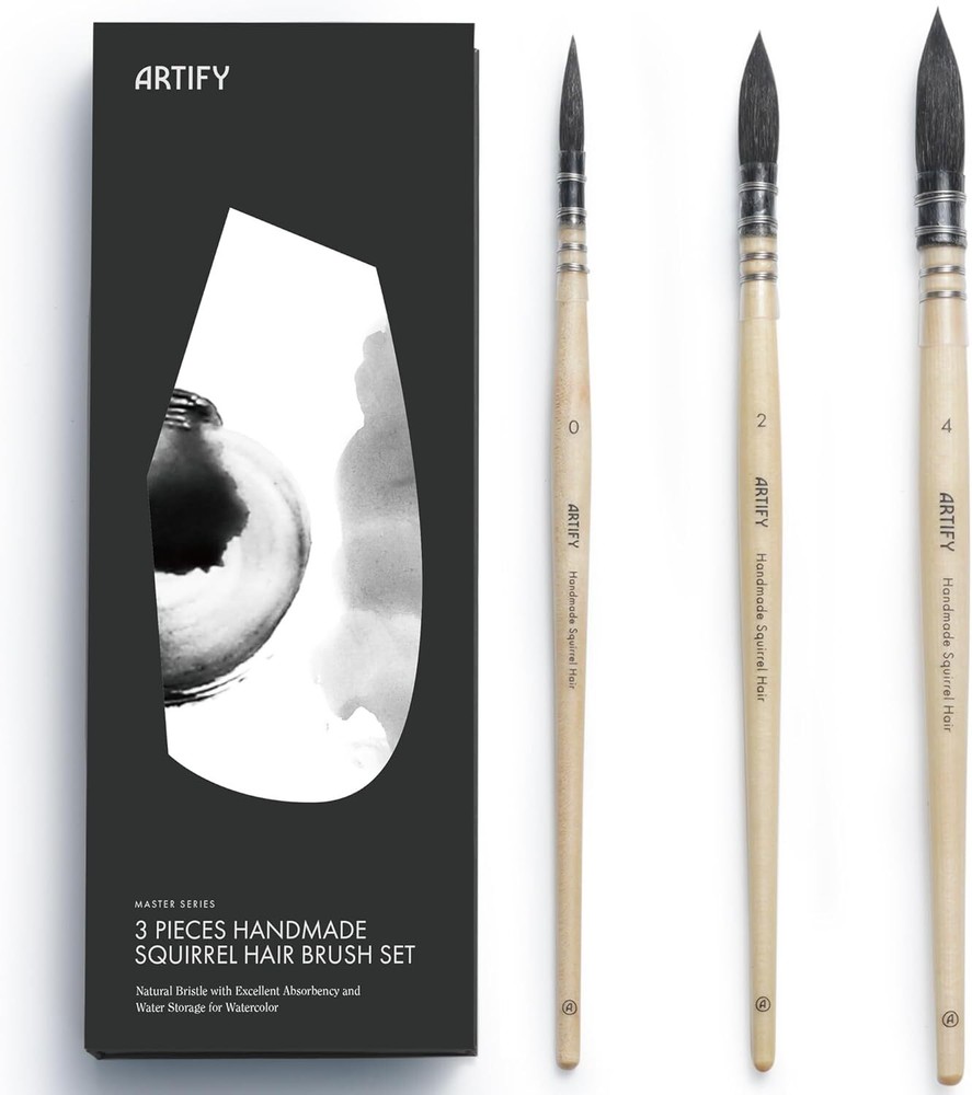 ARTIFY 3PCS Professional Natural Squirrel Hair Standard, Size #0, #2, #4