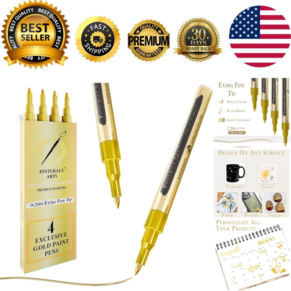 4 Gold Paint Pen Fine Tip | Set 4 Gold Paint Marker Metallic | Extra Fine Tip…