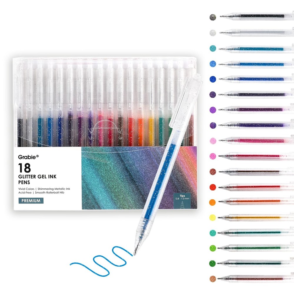 Grabie Glitter Gel Pens 18 Colors, Metallic Vibrant Sparkle Gel Pens for Colo…