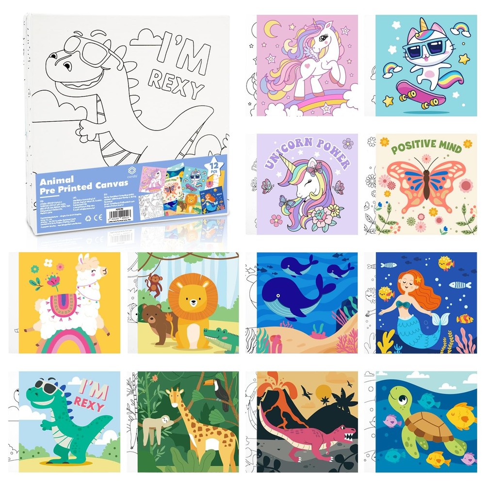 12 Pcs Pre Drawn Canvas Painting Kit Kids Animals DIY Painting Canvas Panel 6×6