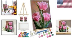 Adult Painting Kit Tulip Flowers Easel Acrylic Art Decor Gift Canvas 8×12 Inch