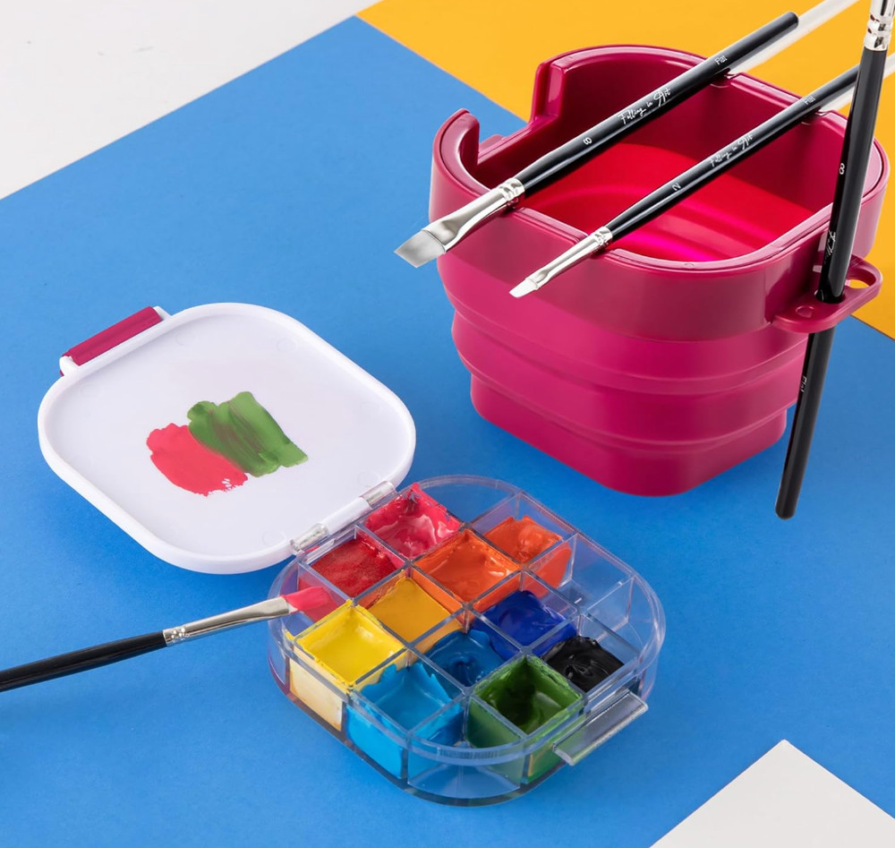 Airtight Watercolor Palette (16-Well) with Lid & PINK Collapsible Brush Basin