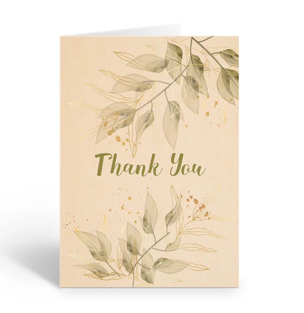 Sage Colored Leaves Thank You Note Card – 10 Note Cards with Envelopes – B14429