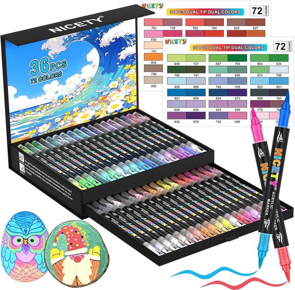 72 Colors Dual-Tip Acrylic Paint Markers – 36 Double-Color Brush Pens with 1–5Mm