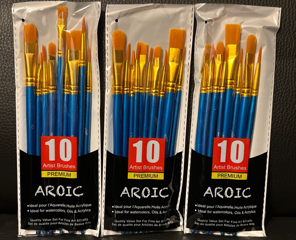 3pk Premium Assorted Artist Paint Brushes Set, 10pc Ea (30 Total) Aroic Premium