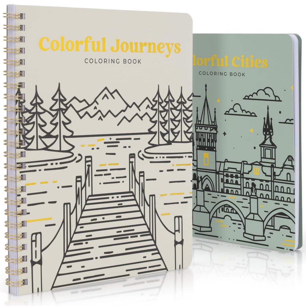 Adult Coloring Book Set of 2 Adventures Landmarks Scenery Wanderlust Journeys