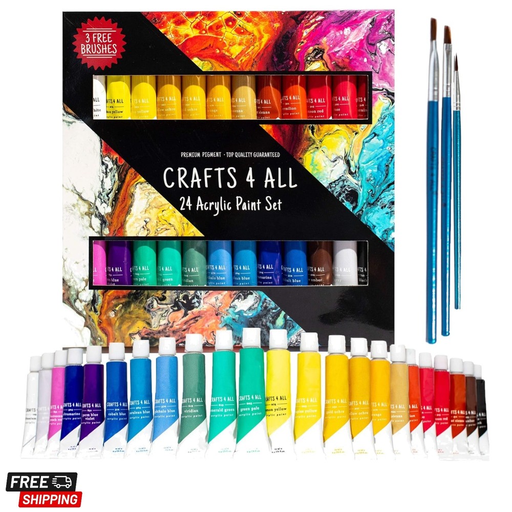 Acrylic Paint Set for Adults and Artists – 24 Pack of 12mL Paints with 3 Art …
