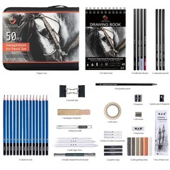 H B 50 Pack Drawing Set Sketching Kit, Pro Art Supplies with 3-Color