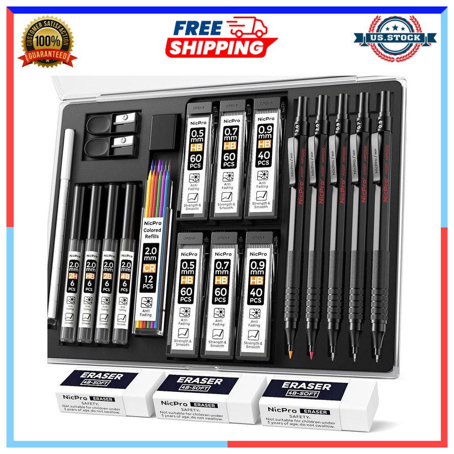 Nicpro 22PCS Mechanical Pencil Art Set 0.5/0.7/0.9mm + 2mm Lead Holder