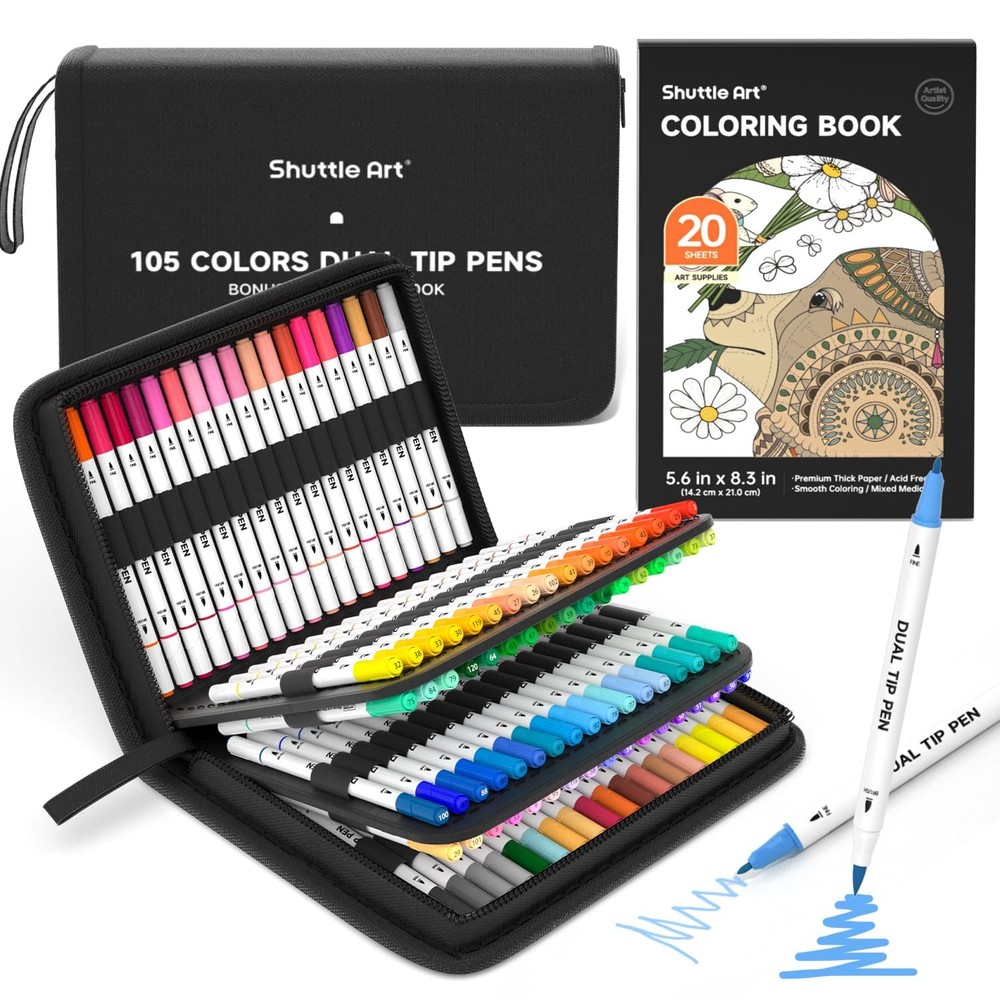 Shuttle Art Brush Pens,Watercolor Brush Pen Set,105 Colors,with 1 Coloring Book