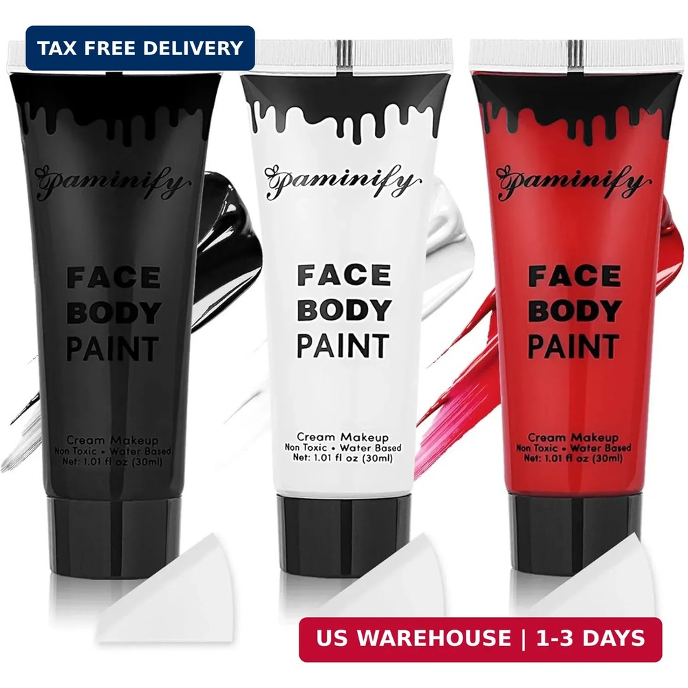 Black White Red Face Body Paint 1.01 oz/pc with 3 Sponges,Water Based Face Paint