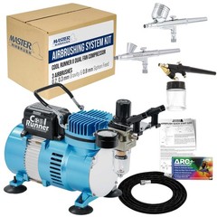 Airbrush Kit Dual Fan Air Compressor 3 Brushes 0.2 0.3 0.3 mm Silver Master Cool