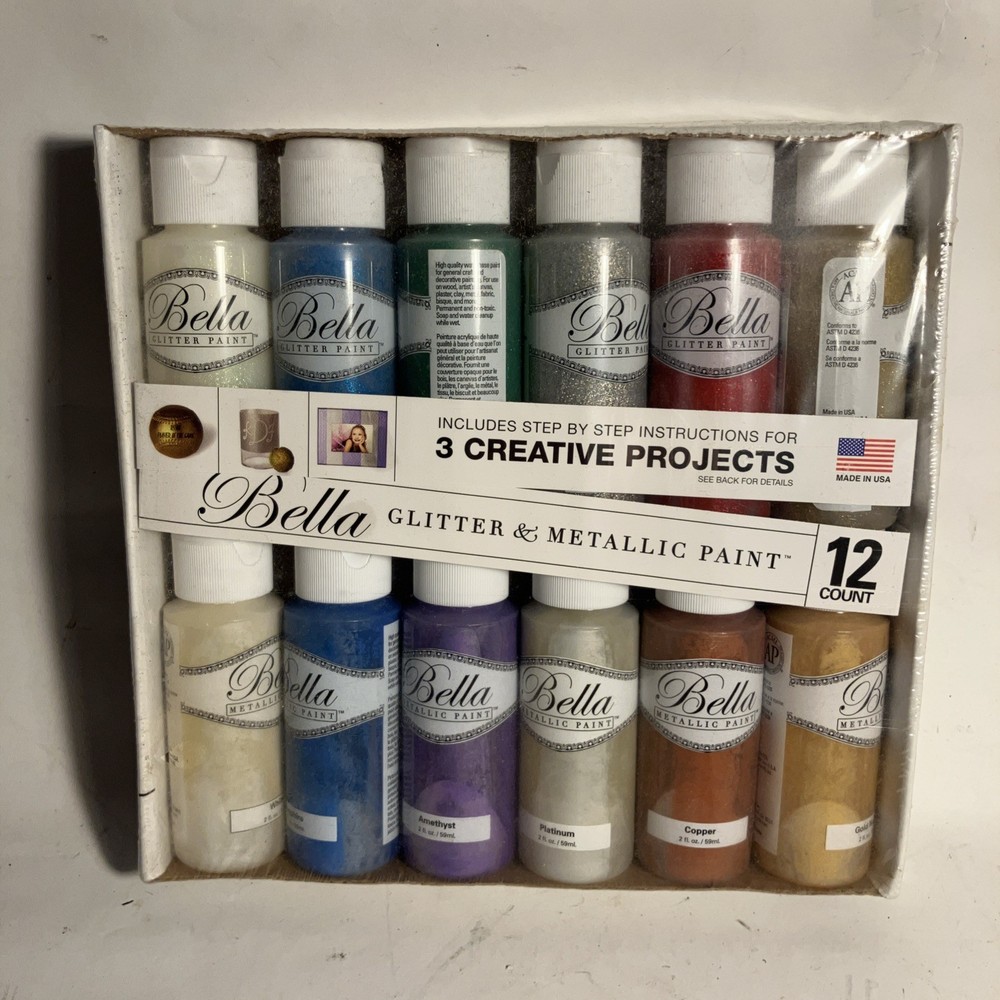 Bella Glitter Metallic Paint Lottery 12 Paints New 2fl Oz B30