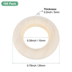 100-Pack Unfinished Wood Rings, 20 mm Natural Wooden Rings for DIY Crafts