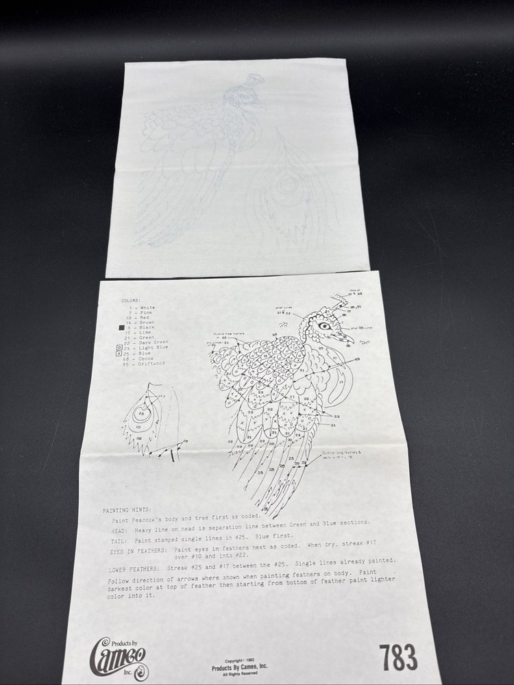Paint By Number Peacock Fabric 783 with Instructions by Cameo 1982 VTG Craft