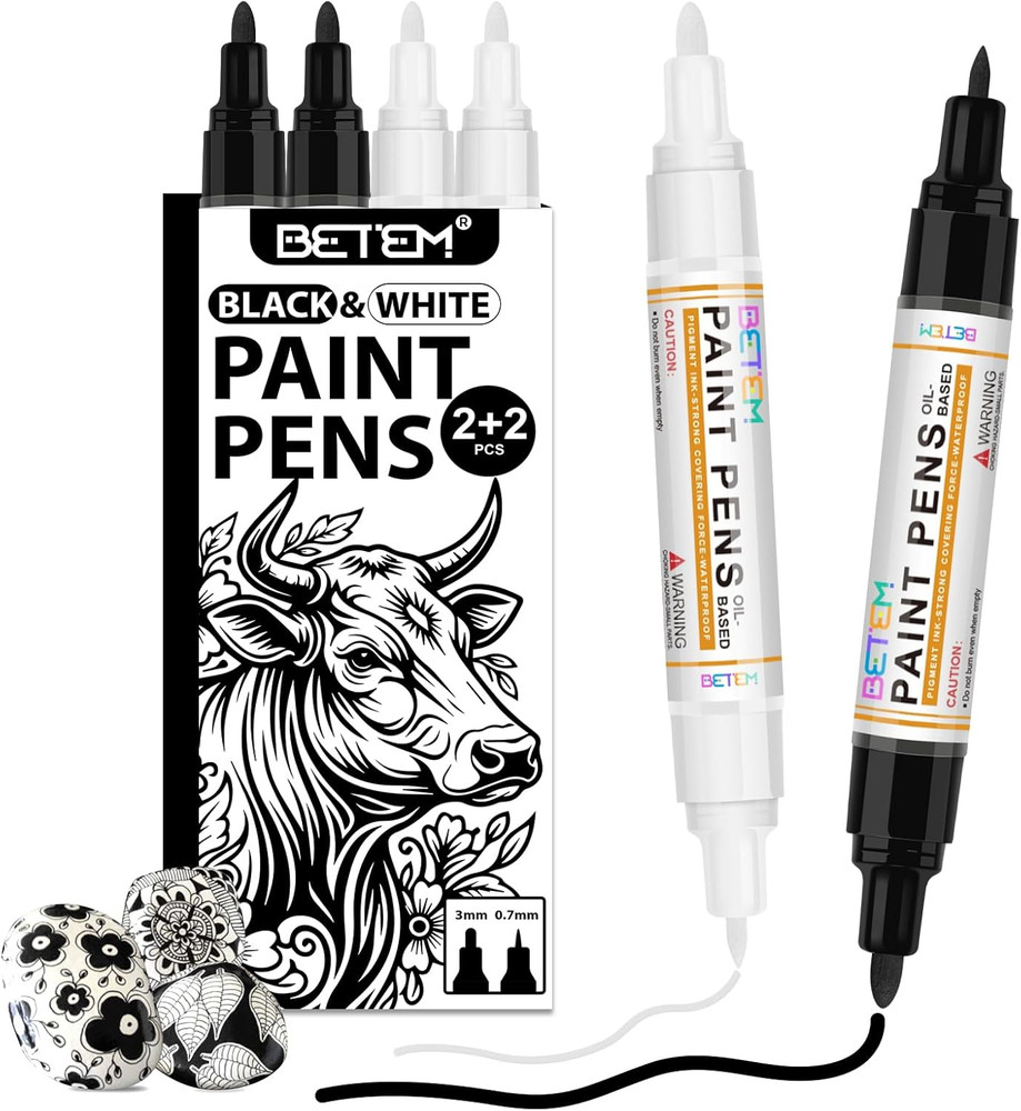 4 Count Dual Tip Oil Based Black White Paint Pen(0.7mm & 3mm), White Permanent M