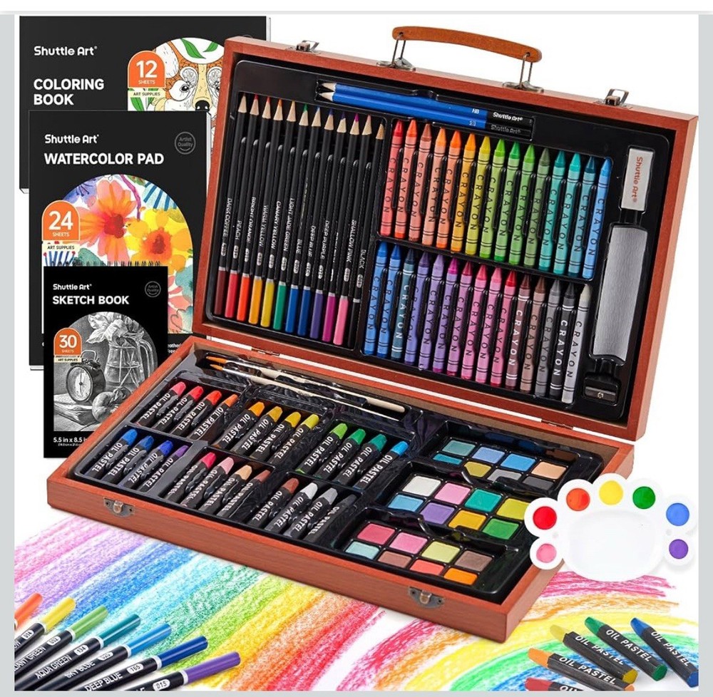 Shuttle Art Deluxe Gift Kit, 202-Piece Wooden Art Supplies Set 4 Drawing Pads