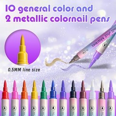 Nail Art Marker Pens with Stencils, 12 Colors Dual Brush Tip Water-Based Purple